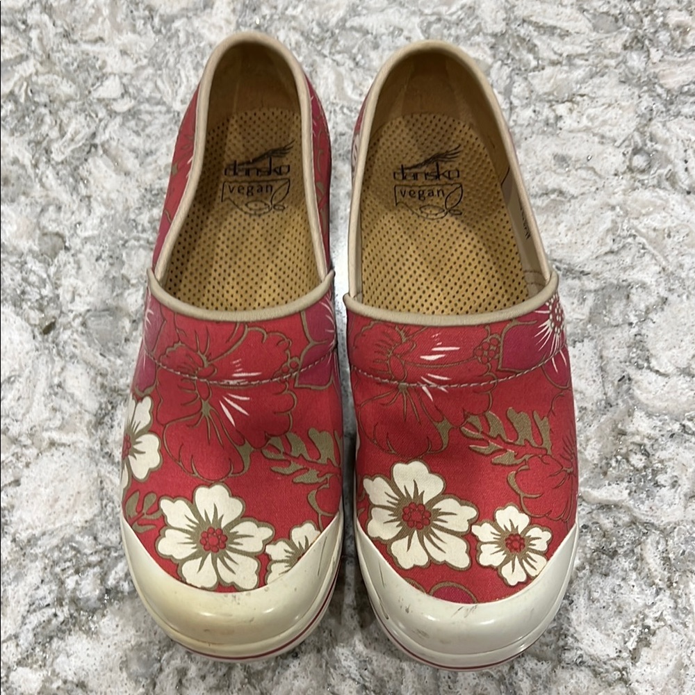 Dansko Vegan Red and Cream Floral Mules